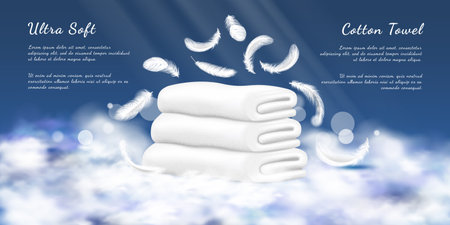 Cotton towels, realistic white cloth. Soft bathroom textile pile or stack, flying feathers and clouds, hotel fabric freshness. Product presentation or banner, spa or laundry vector 3d designのイラスト素材
