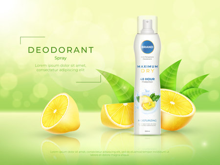 Fresh lemon fragrance. Deodorant ad poster. Green and yellow citrus fruit perfume. Cosmetic product for catalog. Spray bottle. Advertising banner design. Vector realistic backgroundのイラスト素材