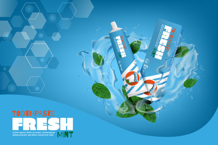 Dental protection. Toothpaste ad banner. Green mint leaves and water splashes. Toothbrush package. 3D tooth ointment. Tube product for smile care and health. Vector advertising posterのイラスト素材