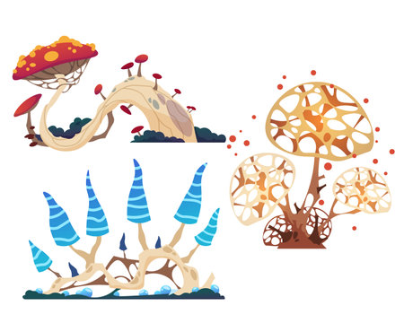 Fantasy mushrooms set. Psychedelic unusual fungus, magical potion ingredient, mystical nature design element, crazy botanical floral forest objects, cartoon flat isolated illustrationのイラスト素材