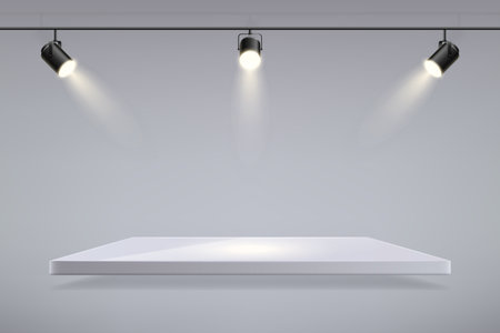 Spotlight lamps, white platform. Empty space for product presentation. Showroom wall with podium, 3d spot lights for highlight place, projector illumination. Vector realistic backgroundのイラスト素材