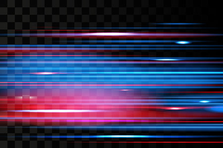 Laser light stripes. Transparent pack. Colorful sparkles and lighting. Colored streaks. Speed red and blue colors. Blurred motion effect. Bright glowing flashes. Vector abstract backgroundのイラスト素材