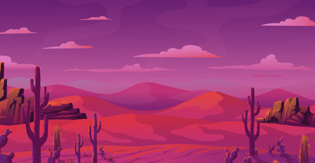 Arizona desert landscape. Sunset dusk. Mountains scenery. Cactus in hot prairie lands. Pink canyon game scene. African Sahara. Sand dunes. Scenic panorama. Vector illustration backgroundのイラスト素材