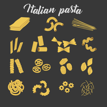 Pasta types. Italian cuisine food. Dough product collection. Penne, farfalle and fusilli. Noodles shapes. Spaghetti with inscription lettering. Cooking ingredients. Vector culinary bannerのイラスト素材