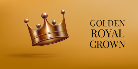 3d royal crown, majestic kingdom. Prince, queen or king authority sign, vintage gold medieval decoration element. Luxury realistic headdress, web banner template. Vector isolated symbolのイラスト素材