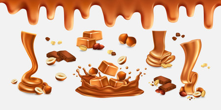 3d caramel toffee, melting liquid sugar drip. Sticky candy syrup natural food isolated elements, nuts and peanut, chocolate pieces, smudges and puddle, vector realistic illustrationのイラスト素材