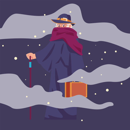 Cartoon wizard. Male person in robe and with cane, suitcase and hat, night sky with stars and clouds, magic mascot, funny person sorcerer or mystery alchemist. Vector witchcraft cute manのイラスト素材