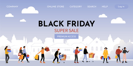 Online shopping landing page. Black Friday. Season sale. Customers walk with shop bags. People making clothing purchases. Discount gifts. Special offer. Vector design website interfaceのイラスト素材