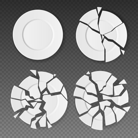 3D broken plate. Shattered utensil. Crack ceramic dish. Bread kitchen food. White restaurant mockup. Meal dishware. Realistic damaged bowl sharp fragments. Vector tableware shards setのイラスト素材