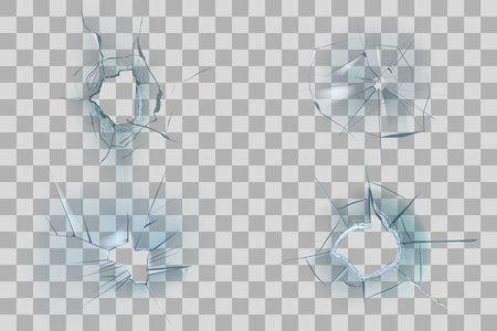 Ice or glass crack. Broken window, break from ball, hole after crush, realistic hot texture, transparent deforming mirrors, shattered screen, mockup elements set. Vector isolated backgroundのイラスト素材