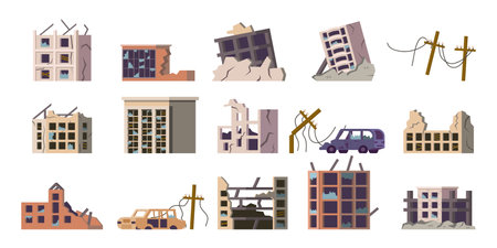Ruined building set. Buildings after earthquake. Cartoon abandoned flat style isolated city elements, collapsed and broken houses and property, card and power lines. Vector setのイラスト素材