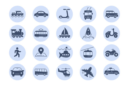 Public transport icon. Car travel. Train and bus. Silhouette symbols. Walk or bike. Ferry ship or airplane. Circle sign for app. Submarine and helicopter logo. Vector blue pictograms setのイラスト素材