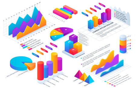 Isometric infographic. 3D graph chart. Data circle or line visualization. Graphic number analysis. Steps on business timeline. Finance diagram presentation. Vector statistics elements setのイラスト素材