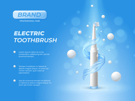 Realistic electric toothbrush in water splash. Fresh oral care product. White teeth cleaning equipment in waves. Healthy lifestyle. Dental hygiene. Vector 3D advertising banner designのイラスト素材