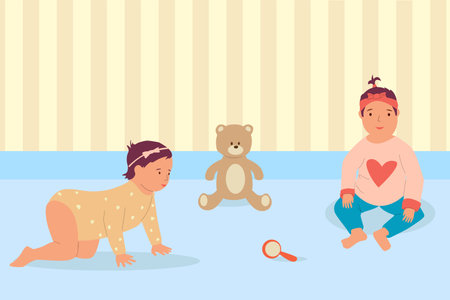 Baby girls. Toddlers with toys. Daughters play game together. Little children sitting or crawling on nursery floor. Happy kids in rompers. Plush bear and rattle. Vector cartoon illustrationのイラスト素材