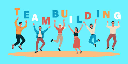 Happy jumping people. Teambuilding lettering. Business cooperation. Colleagues teamwork. Men and women waving hands. Team success. Persons group. Workers collaboration. Vector posterのイラスト素材