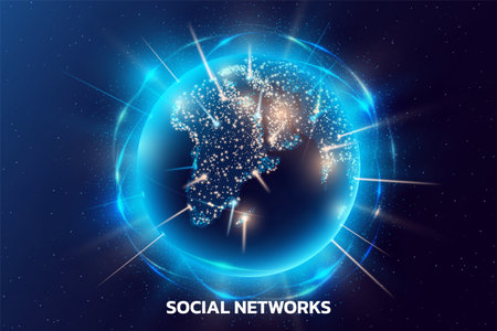 World globe technology. 3D digital Earth map. Connect with space. Global tech network. Futuristic planet. Social international communication. Internet connection. Vector abstract backgroundのイラスト素材