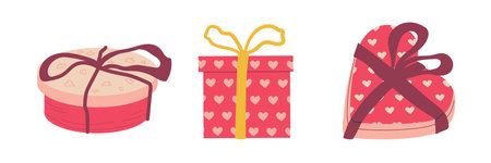 Valentines gift. different wrapped boxes set. colorful birthday presents with beautiful wrapping paper and ribbons, hand drawn elements heart form. Party decor. Cartoon flat isolated vector setのイラスト素材