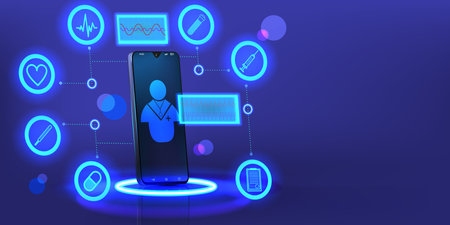 Online doctor. Medicine app technology. Mobile medical healthcare. Consulting and care in phone. Clinic consultation. Glowing smartphone and treatment icons. Vector background conceptのイラスト素材