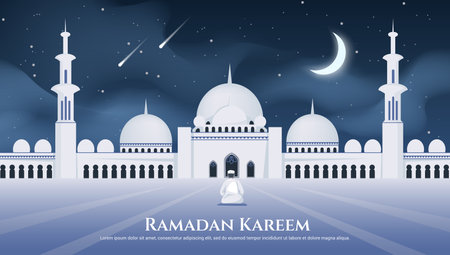 Ramadan kareem mosque. Muslim arabic traditional architecture, islam eid mubarak prayer, iftar night with purple moon, holiday fasting. Religious poster or banner. Vector illustrationのイラスト素材