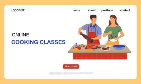 Cooking on kitchen. Online food preparation classes landing page. Culinary tutorial. Distance internet course. Man and woman preparing dinner. Education service. Vector website designのイラスト素材