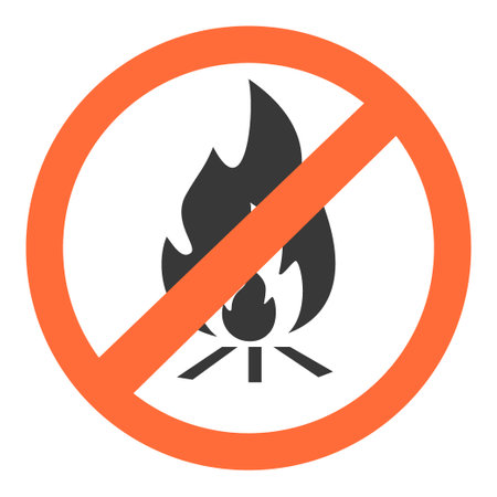 Fire icon. Burning flame. Bonfire forbidden symbol. Crossed red circle. Combustion prevent. Campfire restriction. Wildfire hazard. Warning sign. Vector prohibited silhouette pictogramのイラスト素材