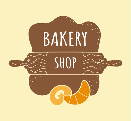 Bakery shop. Bread and sweet pastry with lettering text. Kitchen chef emblem, Food preparing course sign, packaging label design. Hand drawn typography elements. Vector doodle illustrationのイラスト素材