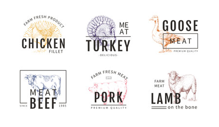 Cow meat logo. Pig animal, farm pork or chicken colorful sketch style, sheep beef or poultry for butchery emblem, cattle label. Logotype and packaging design elements. Vector food signs setのイラスト素材