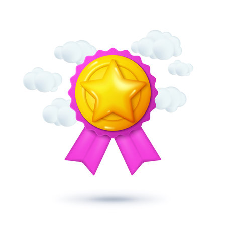 3D winner icon. Golden star. Trophy for certificate. Best service. Quality medal. Circle ribbon badge and clouds. Success reward and top award. Plastic symbol. Vector render illustrationのイラスト素材