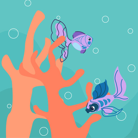 Cartoon fish swimming in coral reef. Underwater tropical inhabitants, marine fauna. Sea cute animals. Aquarium decor. Undersea or fishbowl goldfish creature. Vector isolated illustrationのイラスト素材