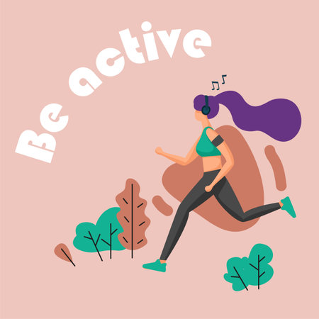 Healthy family poster. Active lifestyle. Woman doing fitness exercises. Girl running through park. Sportsman listening to music. Outdoor workout. Sport training. Vector illustrationのイラスト素材