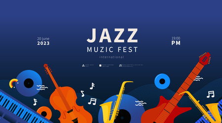 Lazy music background. Jazz poster with instruments, night band horizontal web banner, concert flyer with copy space, festival party elements. Orchestra graphic cover. Vector abstract conceptのイラスト素材