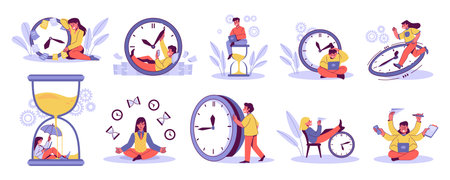Computer work. Time management. Schedule control by watch. People with timer and hourglass. Efficient worker. Productive office organize. Tasks or goals planning. Vector concepts setのイラスト素材