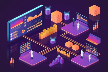 Isometric data. Digital 3D business solutions searching. Analysis technology. Infographic dashboard. Management process. Innovation research. Science monitoring. Vector purple bannerのイラスト素材