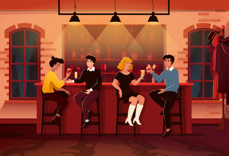 Friends drink in bar. People meeting and talk with beer, hipster group activity, happy woman and man drinking cocktails. Cartoon flat style isolated illustration. Vector pub charactersのイラスト素材