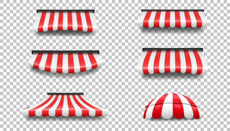 Shop awning, red roof canopy, stripe tent for market, store or restaurant different shapes, vintage sunshade front. Building exterior 3d isolated elements. Vector realistic illustrationのイラスト素材