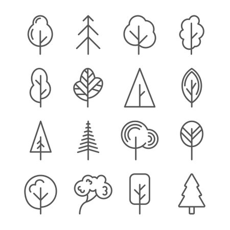 Geometric tree leaf, pine and oak icons. Minimal nature leaves, minimalism in spring forest, plant landscape, simple garden. Logo or emblem black outline isolated vector abstract line shapesのイラスト素材