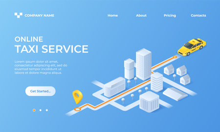 Isometric taxi landing page. Urban map in online service app. Car driving on highway. Cab route. City buildings. Destination pin. Booking website interface. Vector web page design templateのイラスト素材