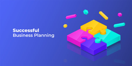 3D isometric puzzle. Successful solutions for business. Team pieces connect. Join jigsaw. Efficient planning concept. Game collaboration. Analysis and connection. Vector backgroundのイラスト素材