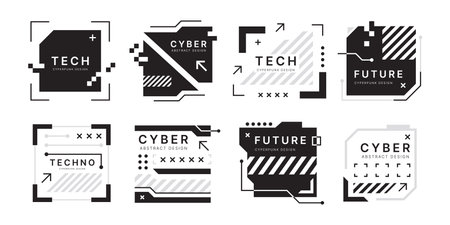 Tech elements. Abstract square shapes. Modern frame box. Cyber glitch future title. Monochrome silhouette HUD borders. Panel display. Digital screens set. Vector cyberpunk design backgroundのイラスト素材