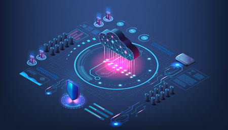 Digital data cloud. Technology center. Files storage. Virtual server. 3d application platform. Isometric network infrastructure. Database connection. Vector computer system conceptのイラスト素材