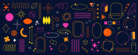 Abstract shapes, flat elements. Geometric lines, modern graphic icons, retro flowers and stars, minimal curves. Outline isolated frames. Decorative set for contemporary decor. Vector designのイラスト素材