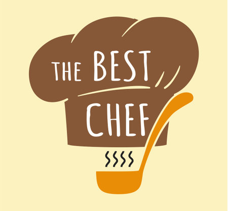 Cook logo. Restaurant kitchen emblem. Best chef. Bakery and cookery. Hat and ladle. Silhouette sticker with lettering. Cooking cap or utensil. Food preparing sign. Vector label designのイラスト素材