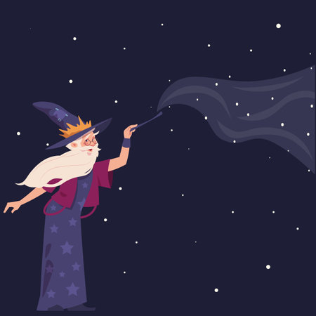 Cartoon wizard with magic wand. Star sky background. Character in robes costume and hats with silver beard. Sorcerer making mystery spell. Witchcraft male mascot. Vector illustrationのイラスト素材