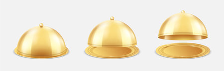 Gold tray. Empty cloche. 3D restaurant food bell. Golden meal dish with glossy dome. Open plate for lunch. Closed luxury platter. Isolated tableware. Vector realistic serving elements setのイラスト素材