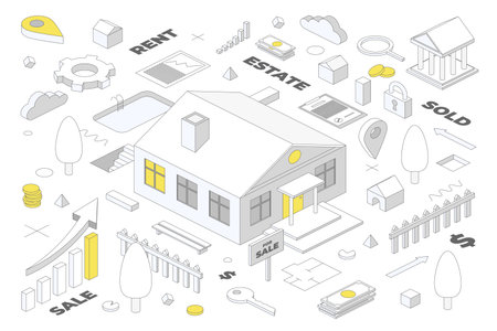Real estate market. Isometric house concept. Home sale. Finance success. Insurance or investment. Apartment rent. Mortgage and money growth infographic. Vector line art illustrationのイラスト素材