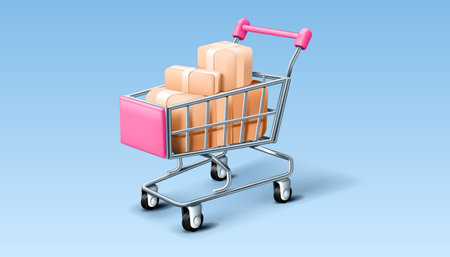 3D shop cart. Shopping trolley. Online ecommerce. Render basket for market or supermarket. Buying purchases. Present and order boxes delivery. Shoppers pushcart. Vector realistic store iconのイラスト素材
