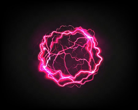 Lighting energy. Electric power ball. Circle plasma light. 3D purple thunder. Strike effect. Fire burn with pink sparkles. Thunderbolt sphere. Neon glowing. Vector realistic backgroundのイラスト素材