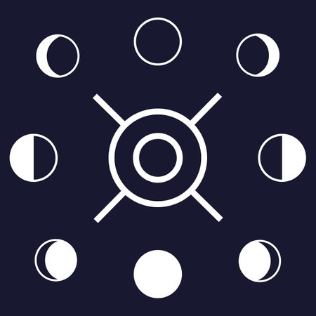 Moon phases. Astrology card. Abstract silhouette symbols. Black and white celestial icons. Planet satellite. Lunar cycle. Full and quarter moonlight. Vector astronomy minimalist bannerのイラスト素材