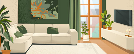 House living room. Interior decor. Cupboard for books. Modern furniture. Cozy or hygge apartments. Comfortable sofa with cushions. Houseplants win flowerpots. Vector cartoon illustrationのイラスト素材